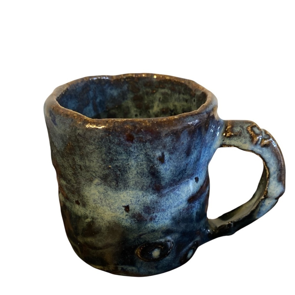 Signed Handcrafted Ceramic Textured Drip Glaze Multi Tonal Rustic Blue BrownMug